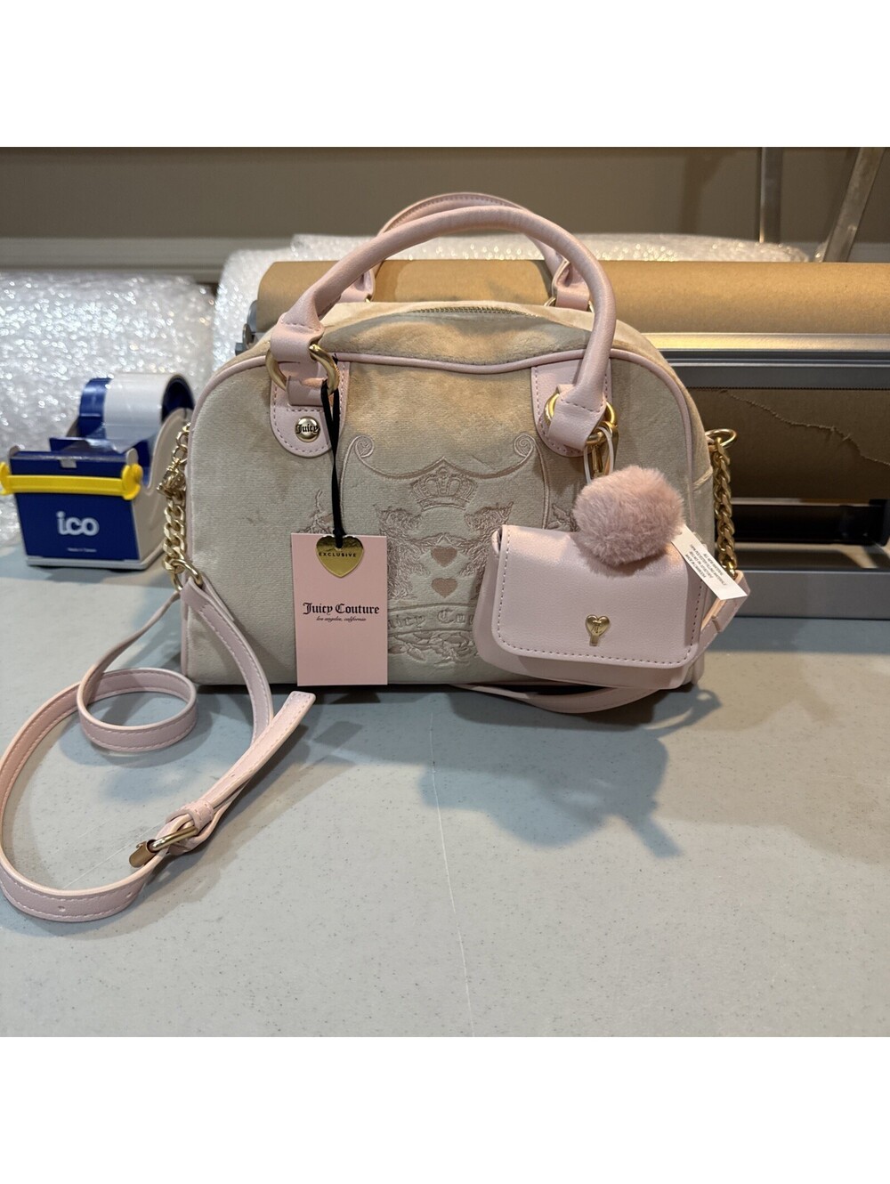 New Juicy Couture Y2K Bowler Pink Beige Scottie Dog Embroidered Bag Gold Satchel